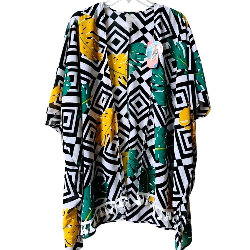 As Rose Rich Tropical Leaf Kimono Wrap Swim Cover Up Women Small Black White New